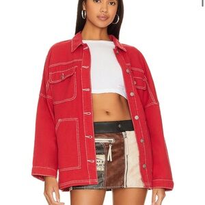superdown Red Oversized Contrast-Stitch Jean Jacket